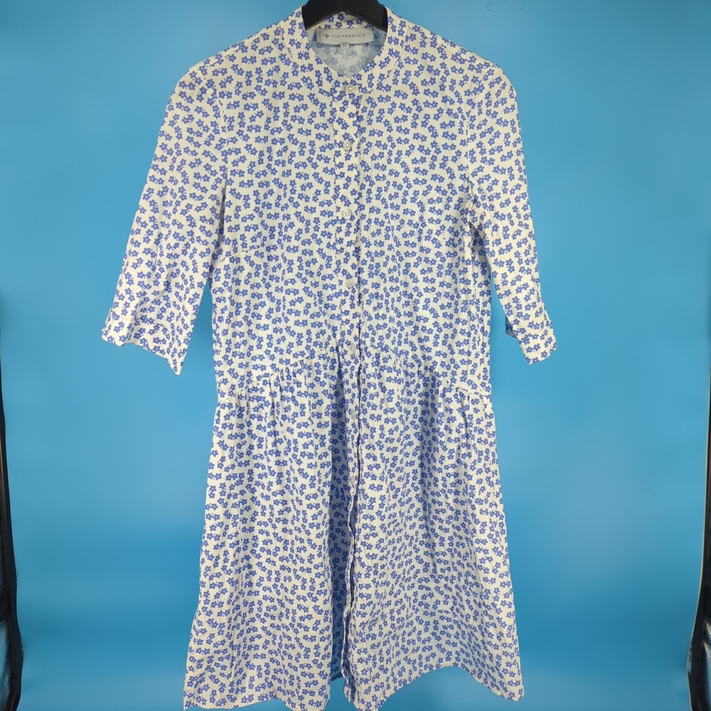 Tuckernuck Blue White Floral Button Front Ruffle Shirt Dress XS